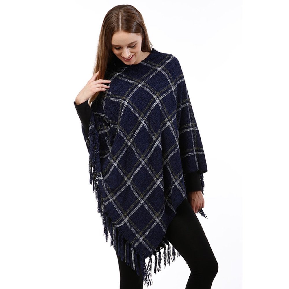 LOF Soft Chenille Plaid Color Cape Fringe Poncho
